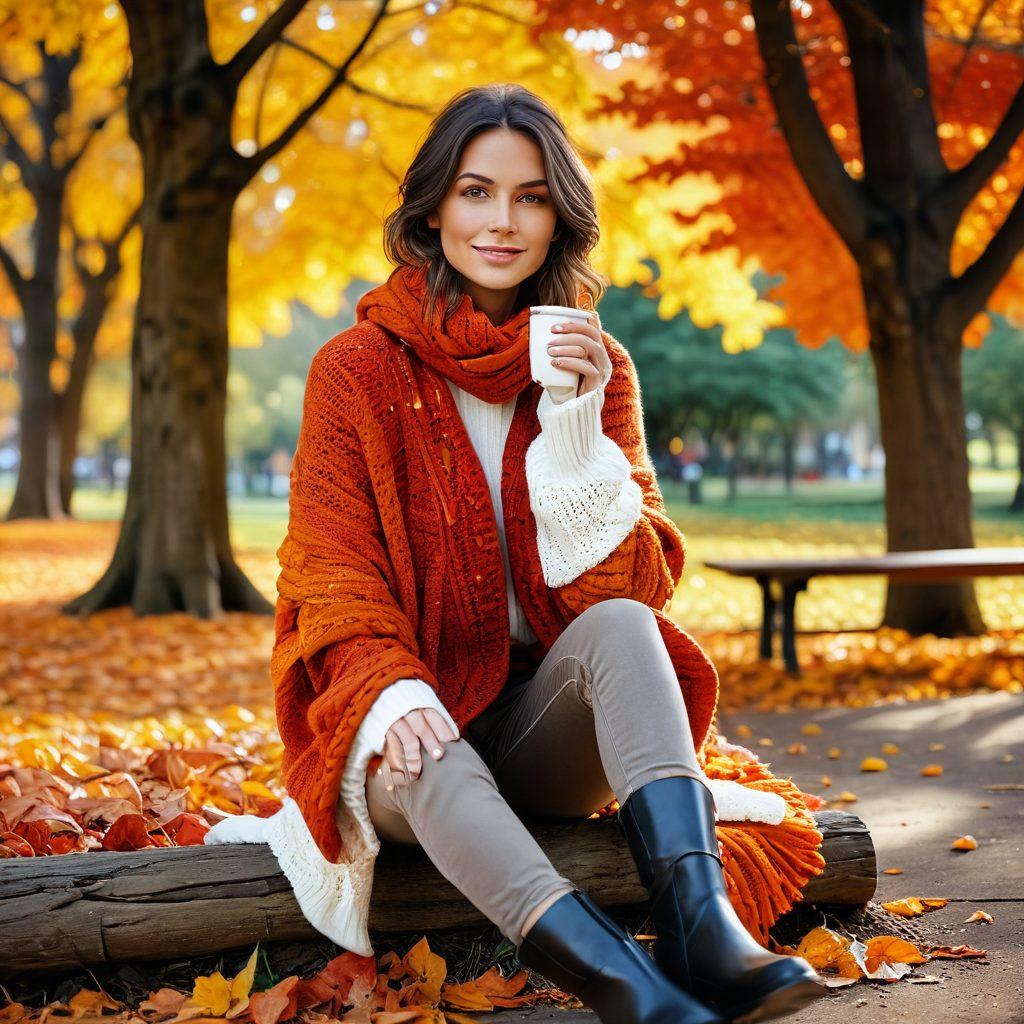 A cozy autumn scene featuring a fashionably dressed person wrapped in a soft, oversized sweater, surrounded by falling leaves in vibrant shades of orange, red, and yellow. Include accessories like a knitted scarf and stylish ankle boots, with a warm cup of cider in hand. The background should showcase a tranquil park with a pathway covered in colorful foliage. artistic and warm tones. painting.