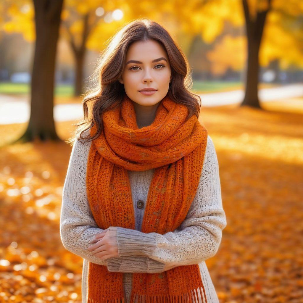 A cozy autumn scene featuring a stylish outfit layered with knit sweaters, scarves, and fallen leaves around. A warm color palette of oranges, browns, and yellows enhances the fall vibe, with a model gracefully posing in a park surrounded by colorful foliage. Soft sunlight filters through the trees, casting a warm glow. Artistic bokeh effects in the background create a dreamy atmosphere. vibrant colors. super-realistic.